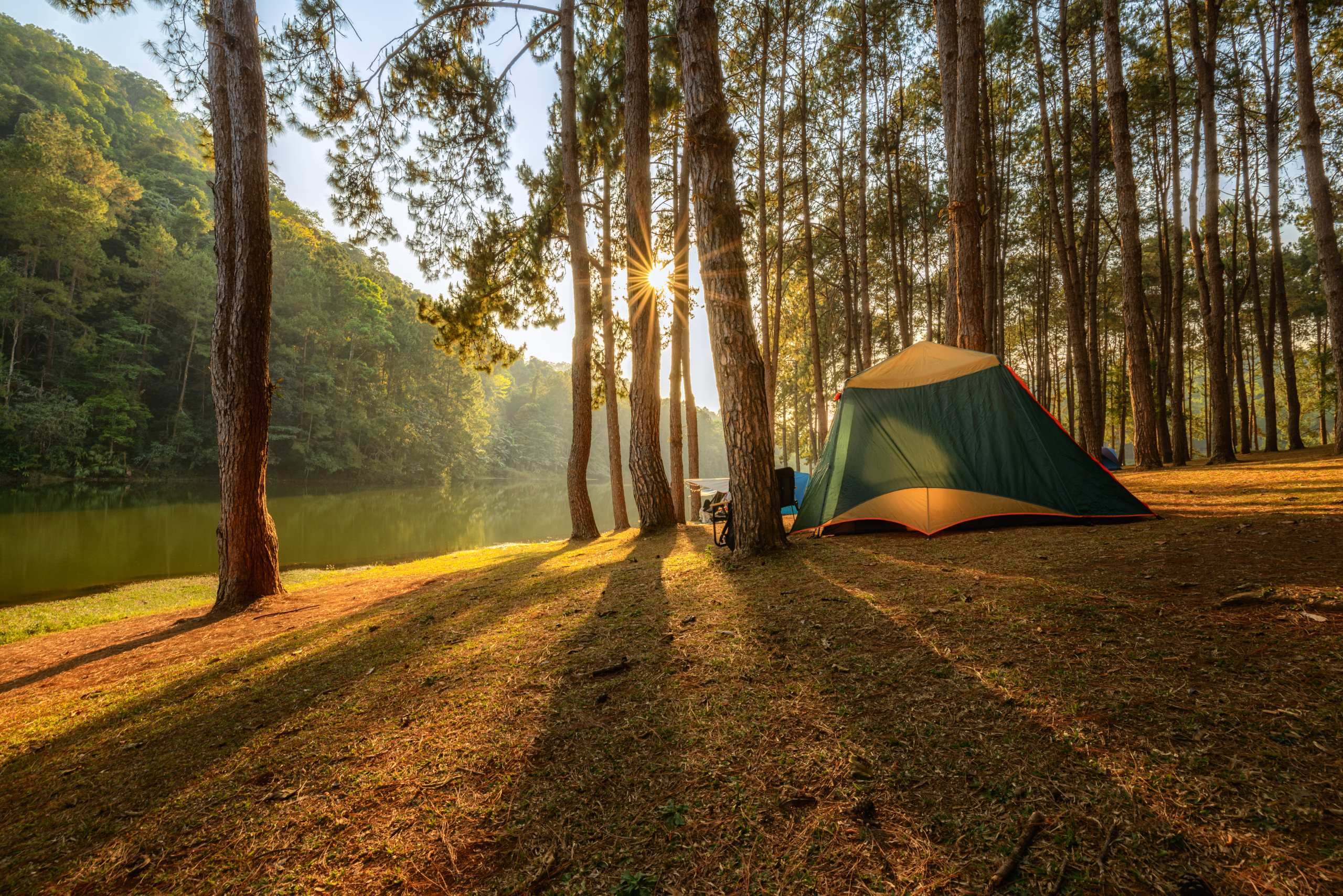Campsite at sunset in the mountains